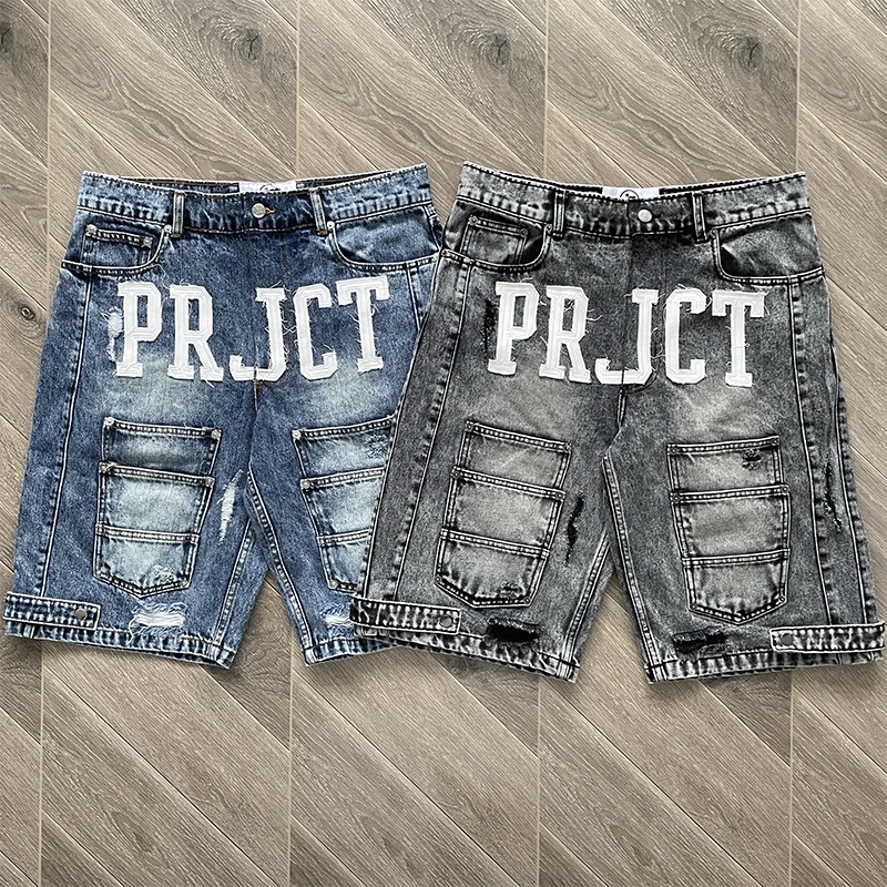 Project Capri Emergency Denim Shorts Embroidery Letter Logo Denim Short-pants Unisex Casual Streetwear Hip Hop Trendy Jeans