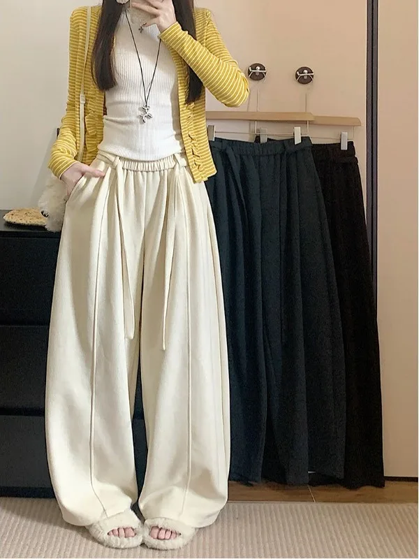

plus Size Lazy Style Casual Wide Leg Pants Women's High Waist Loose Slimming Drawstring Straight Cut Pants Autumn Winter New ...