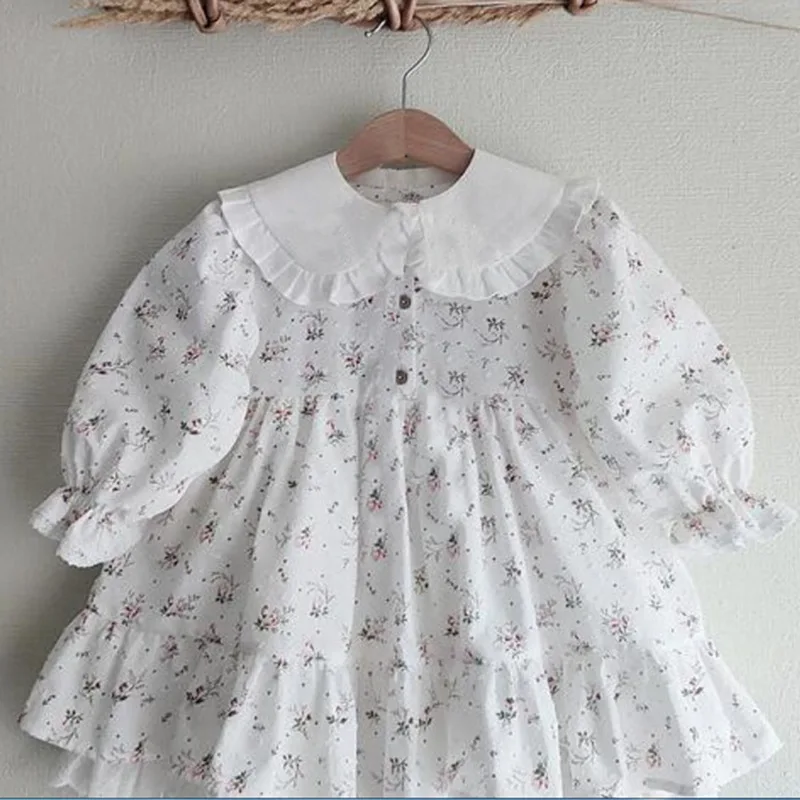 2026 Spring and Autumn New Girl's Cotton Floral Lace Bottom Peter Pan Collar Dress Lotus Leaf Edge Collar Princess Dress