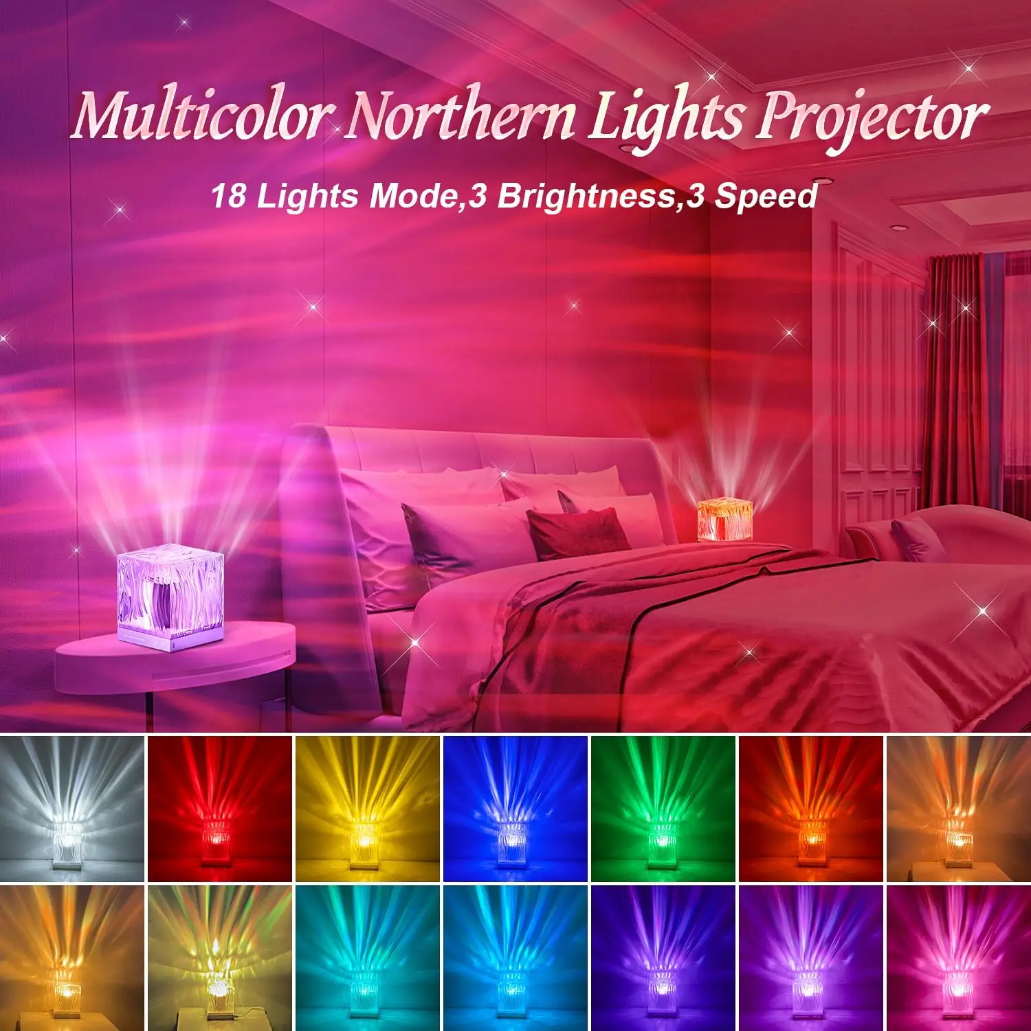 LED Crystal Lamp Aurora Northern Light Projector Night Light Remote & Timer 17 Colors Water Ripple Lamp for Bedroom Sunset Light