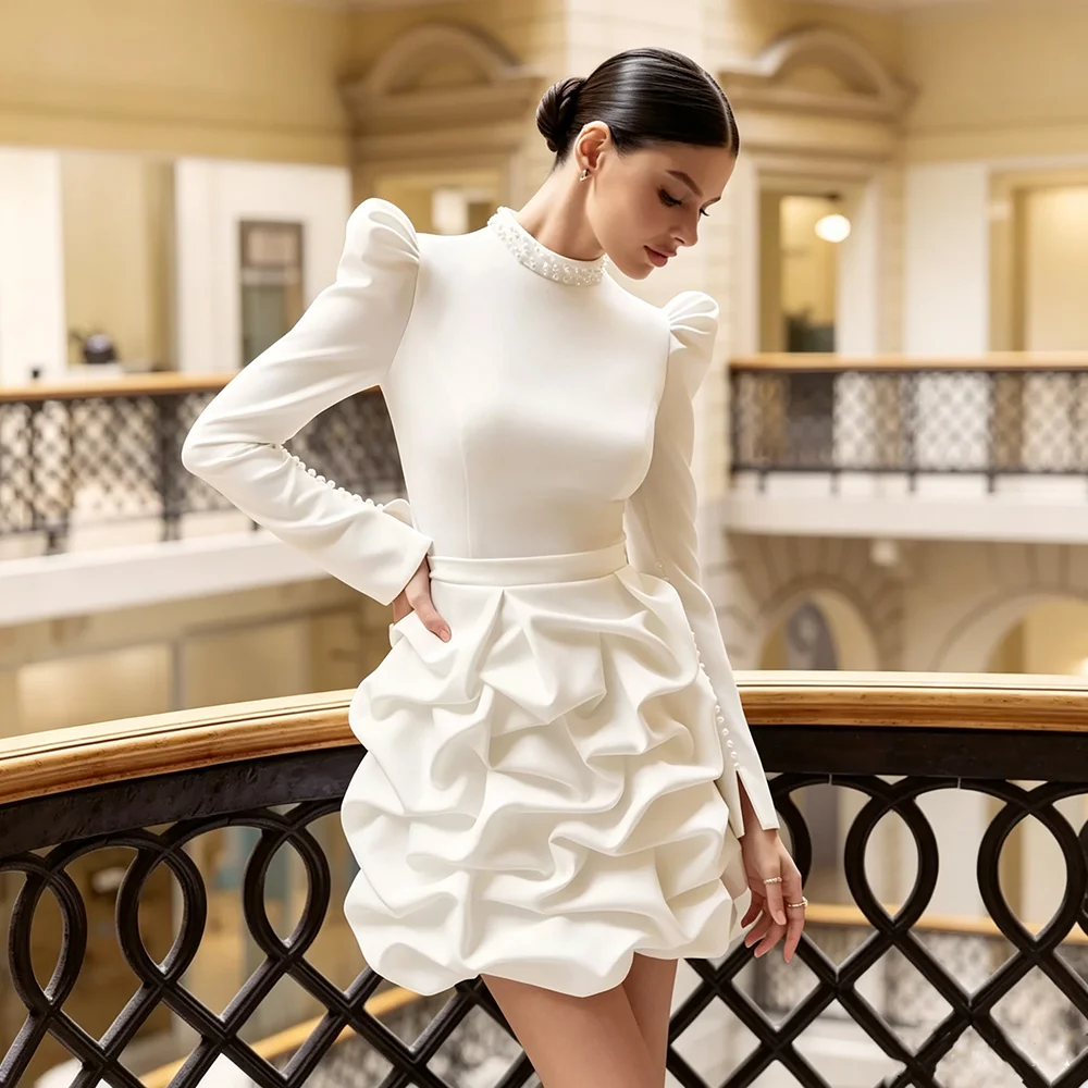 Women Short Satin Wedding Dress High Neck Long Puff Sleeves Sheer Back Pearl Buttons Ruched Bubble Skirt Bridal Gown For Evening