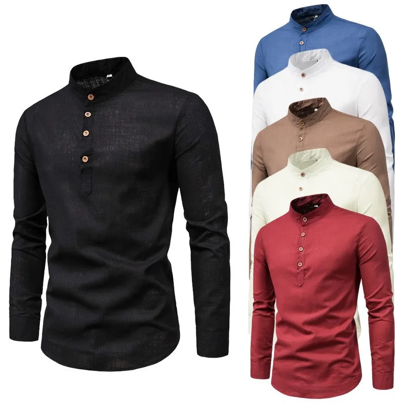 Chemise d\'affaires à manches longues pour hommes, coupe couvertes, col montant, vêtements décontractés, document solide, printemps, automne,