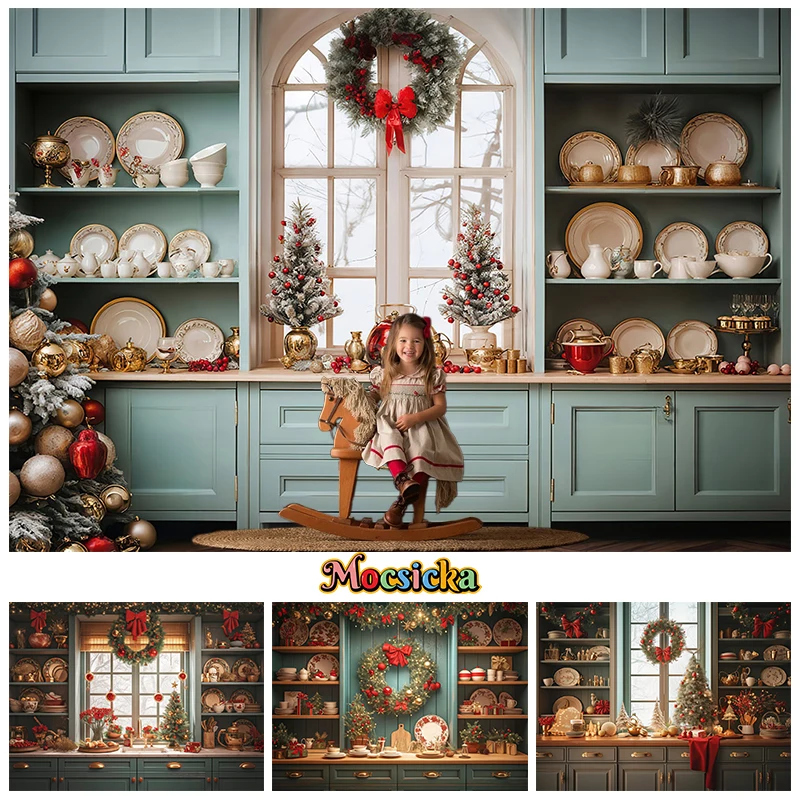 

Merry Christmas Kitchen Background For Photography Cupboard Christmas Tree Baby Shower Backdrops Shooting Decorations Photobooth