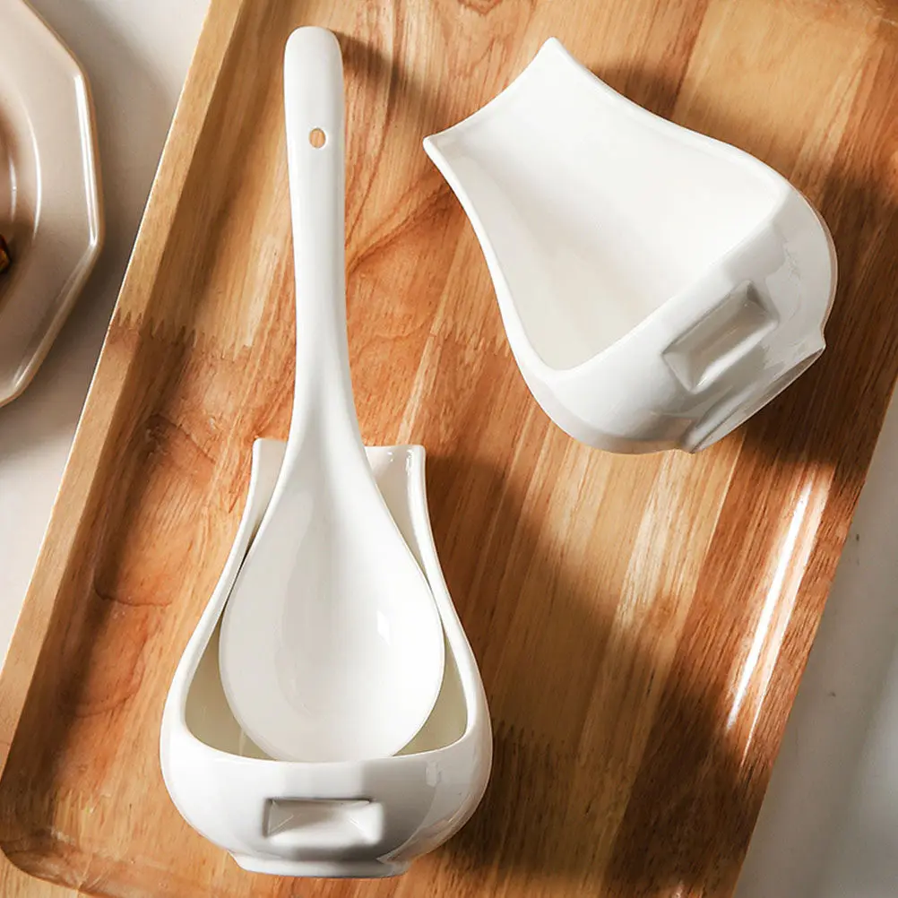 1Set Ceramic Teaspoon with Storage Holder Healthy Odorless Material Smooth Finish Spoon Set for Household Kitchen Utensils
