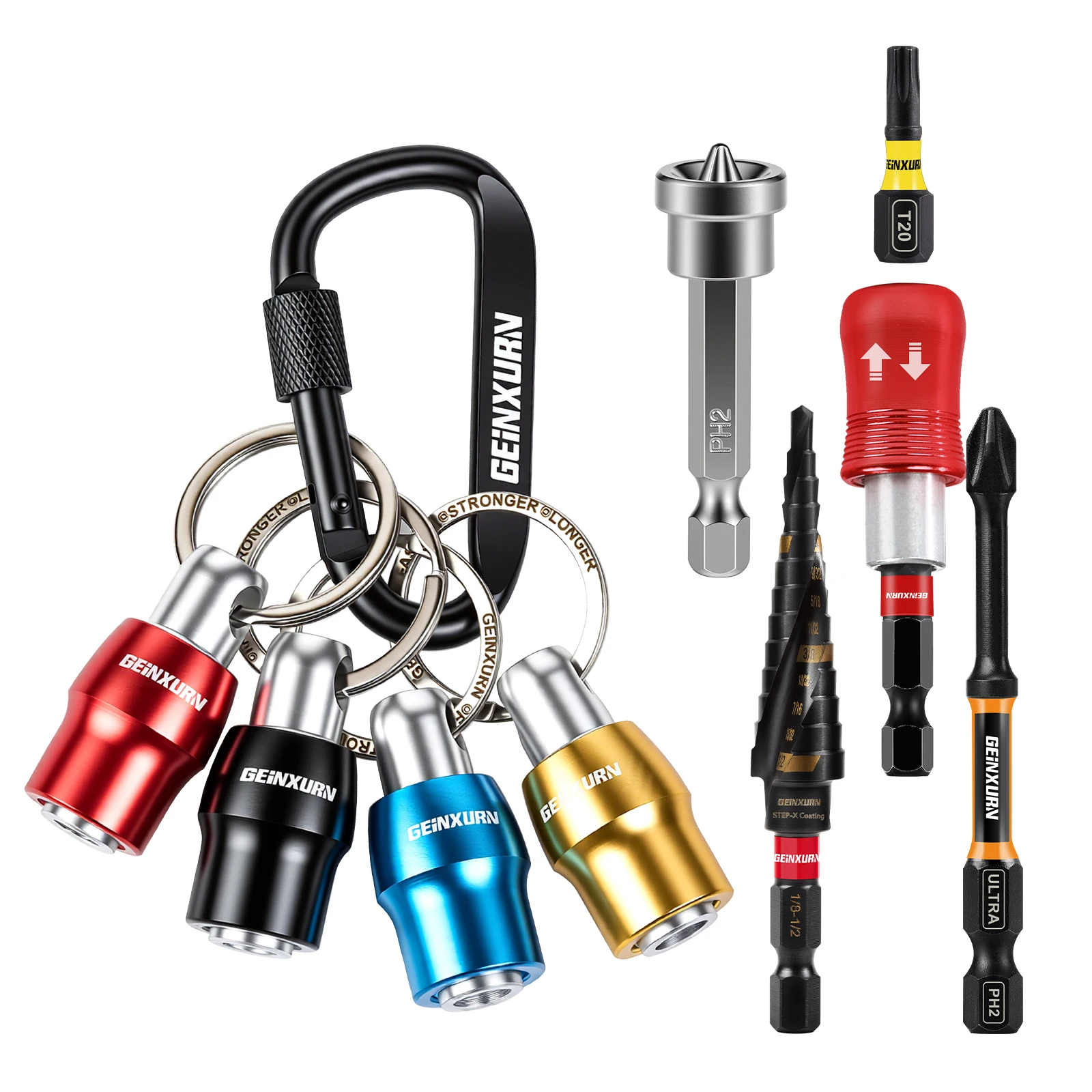 

Geinxurn Keychain Bit Holders Set,1/4" Hex Shank Bit Holder and Step drill bit and Screwdriver
