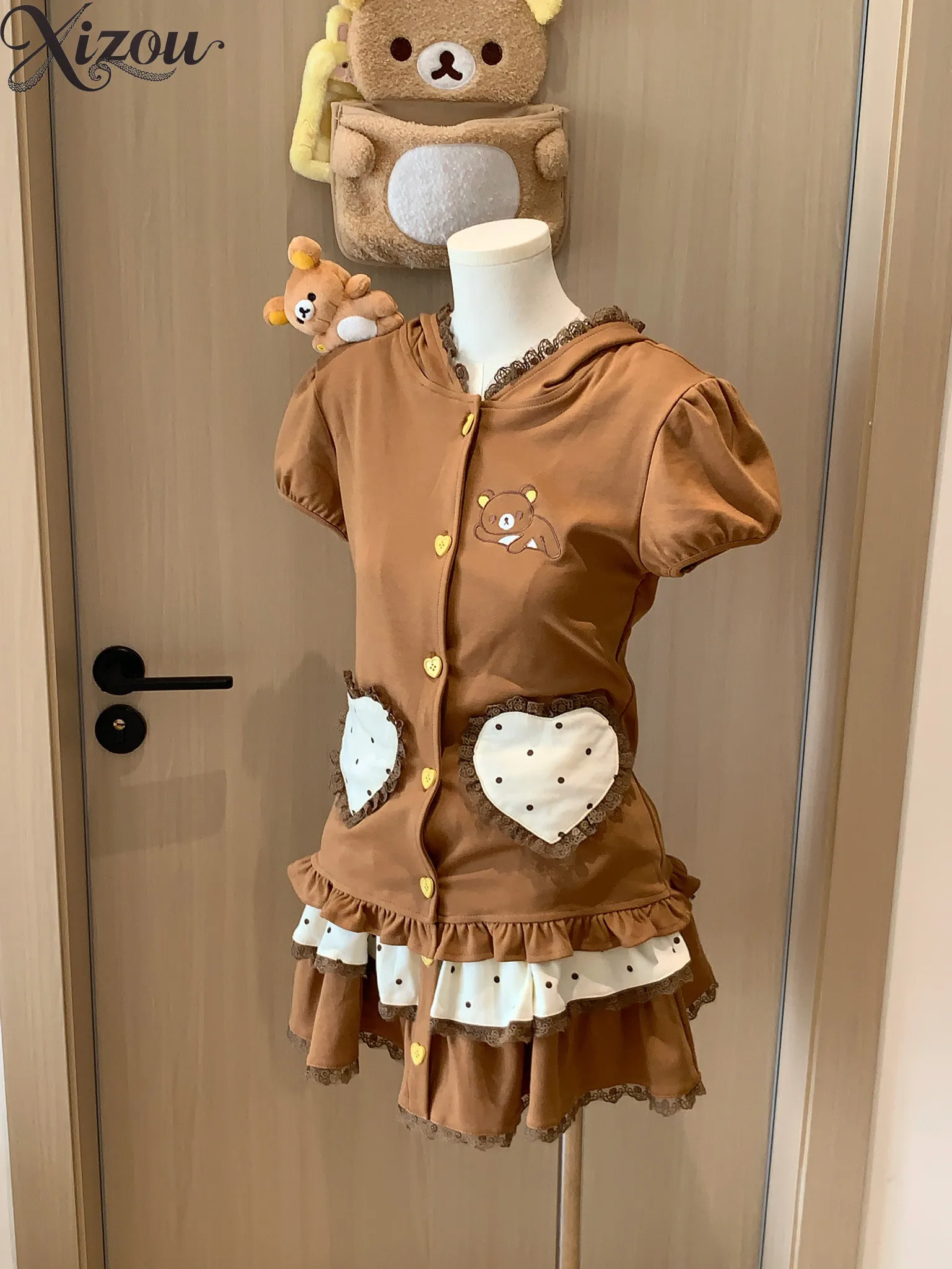 Japanese Cute Bear Embroidery Hooded Short Sleeve Top Cake Skirt Set Summer Brown Polka Dot Bow Heart Button Two Piece Outfit