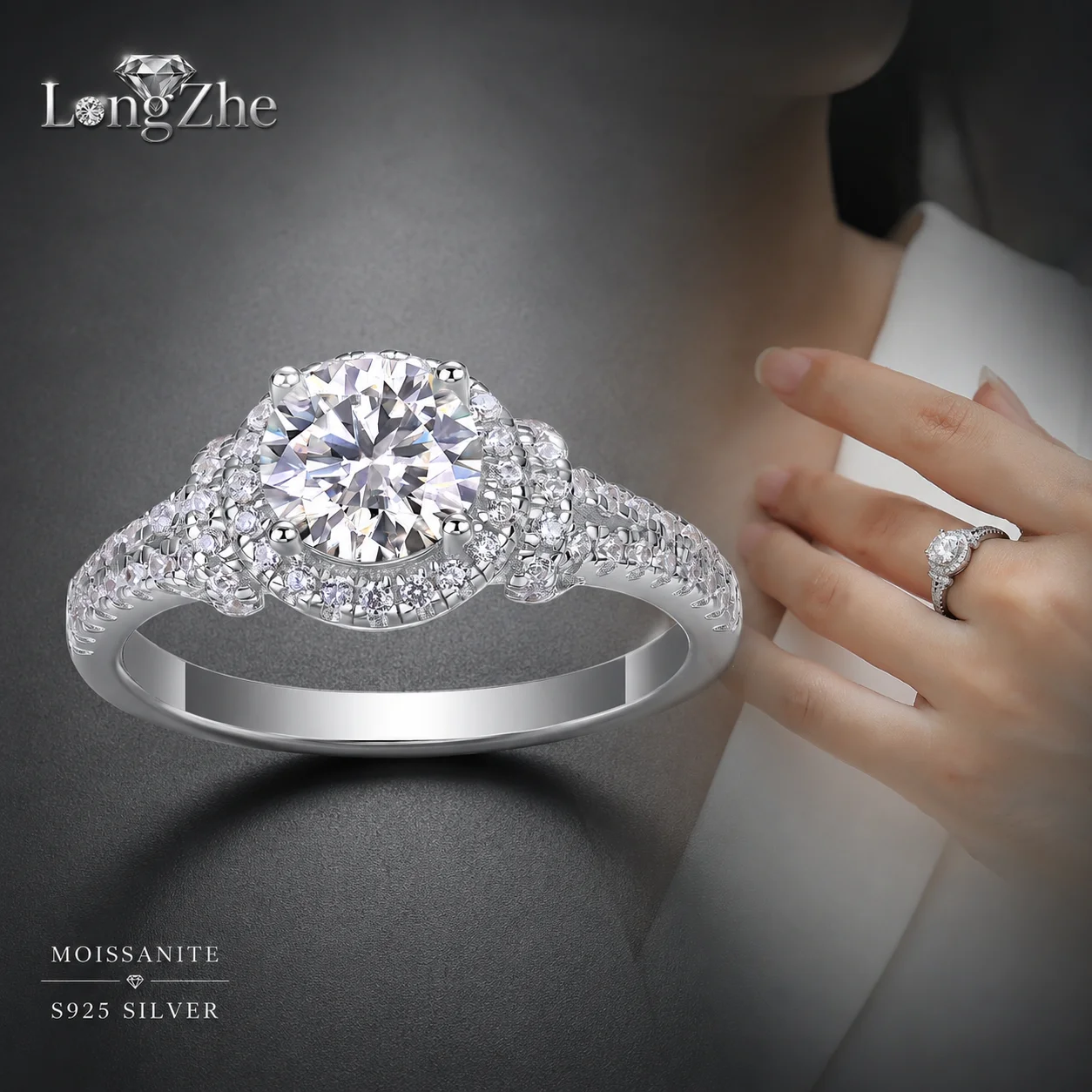 LongZhe Moissanite Ring S925 Sterling Silver 1CT Round Halo Pave Band Ring Silver 925 Rings Anniversary Jewelry Gift for Women