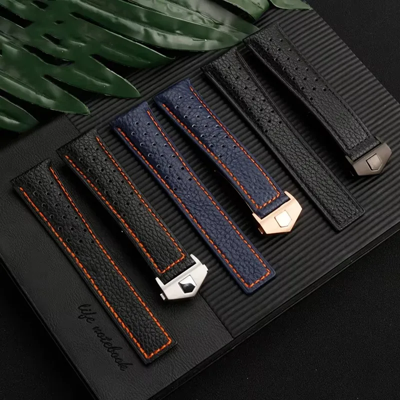 Para tag heuer monaco carrera caw211r/p pulseira de couro genuíno com fivela dobrável lichia impressão pulseira homem f1 pulseira