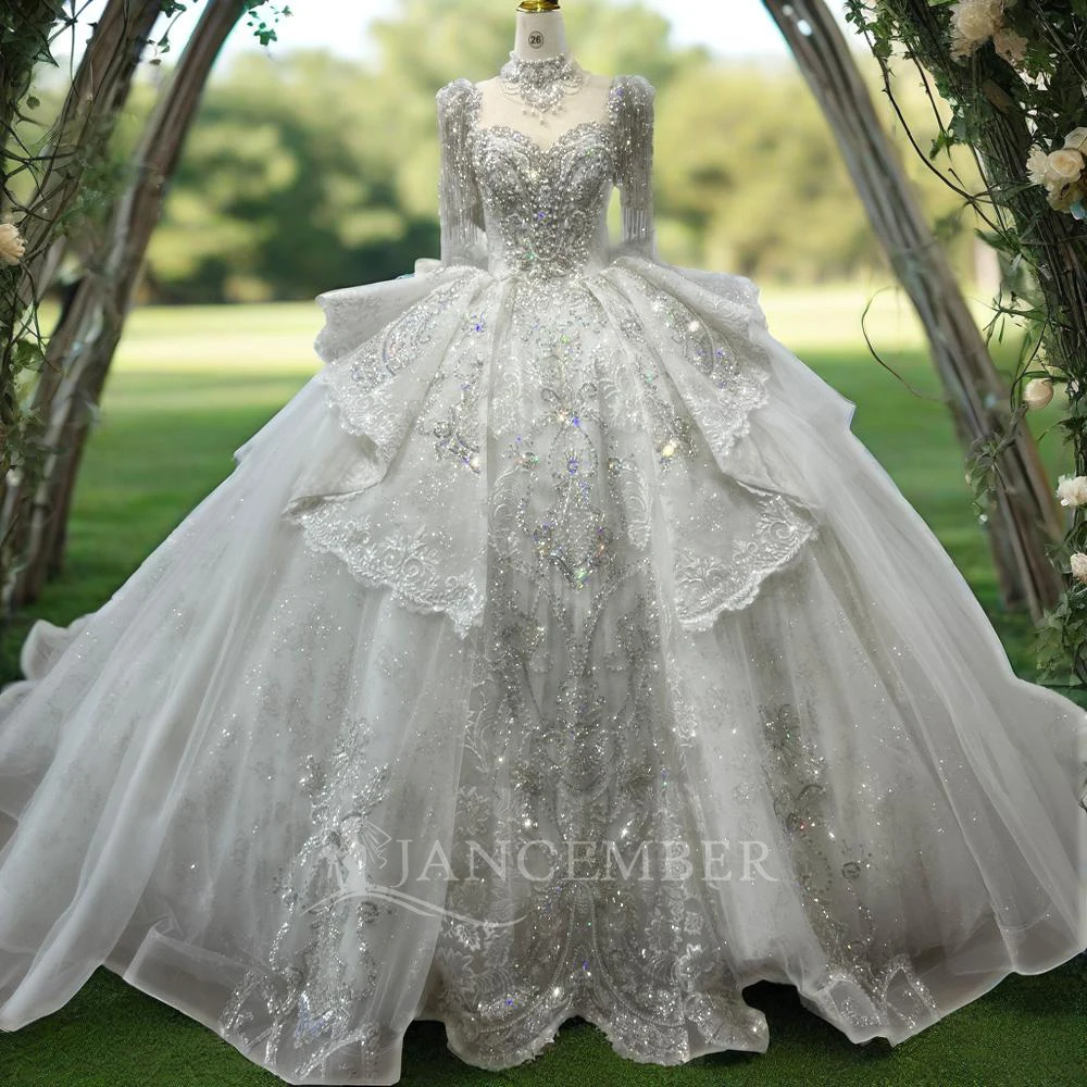 

2025 Long Sleeved Lace New Exquisite Wedding Dress Princess Ball Gown Tassel Wedding Dress New Sweep Train Vestidos De Novia