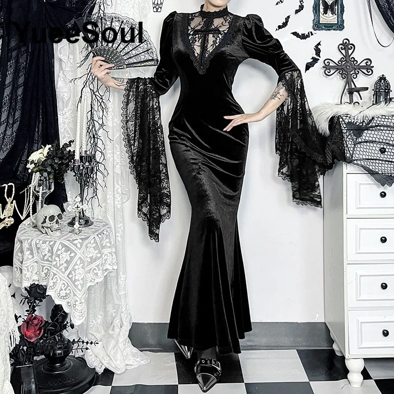 Halloween Gothic Women Dress Long Sleeve High Waist Dresses 2024 New Goth Aesthetic 90s Egirl Sexy Slim Party Club Dress