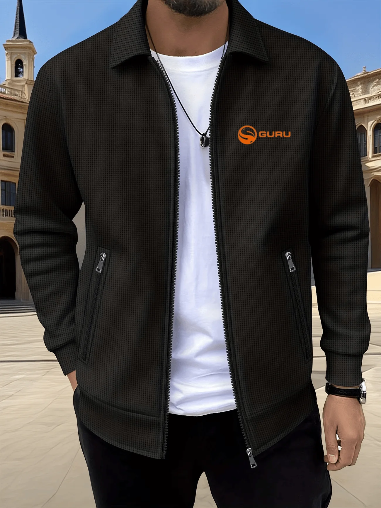 Men's casual lapel zip-up cardigan coat, stylish breathable waffle printed jacket, versatile top for outdoor sports