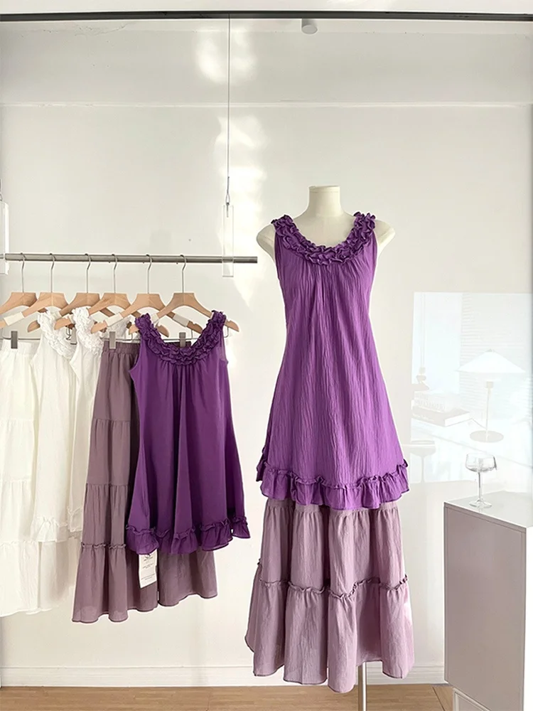 

Summer New Style Beach Vacation Loose Slimming Women's Purple Strap Top And Half Skirt Two-Piece Set Fashionable Casual Outfit
