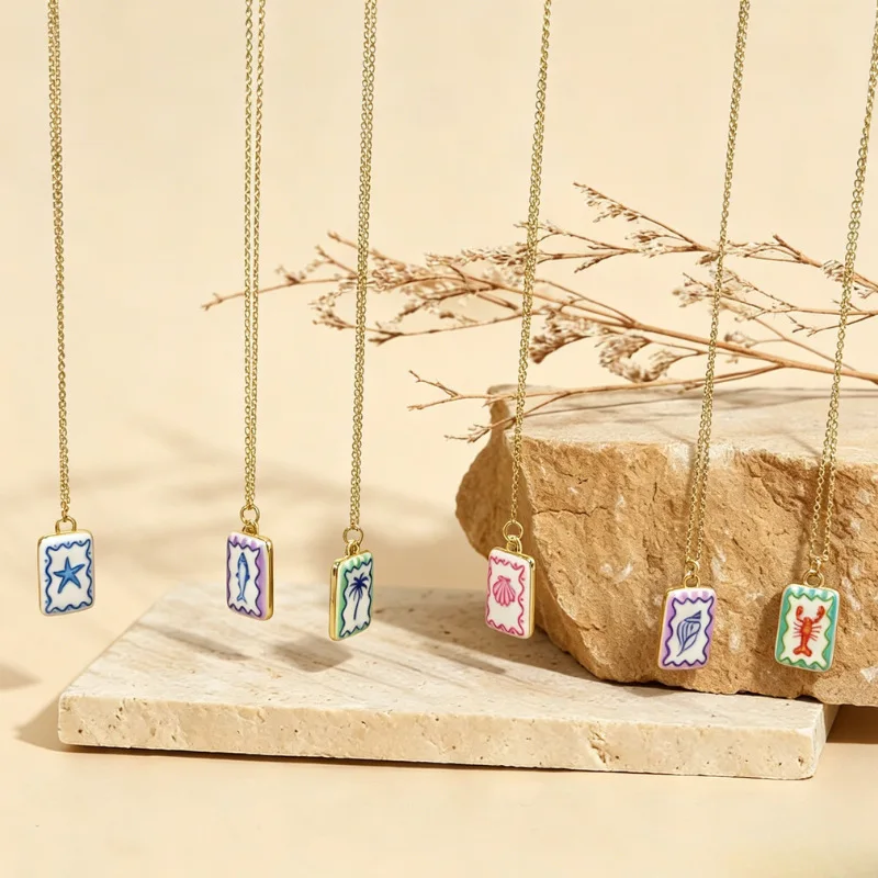 New square color hand-painted marine element pattern pendant necklace, women's simple collarbone chain