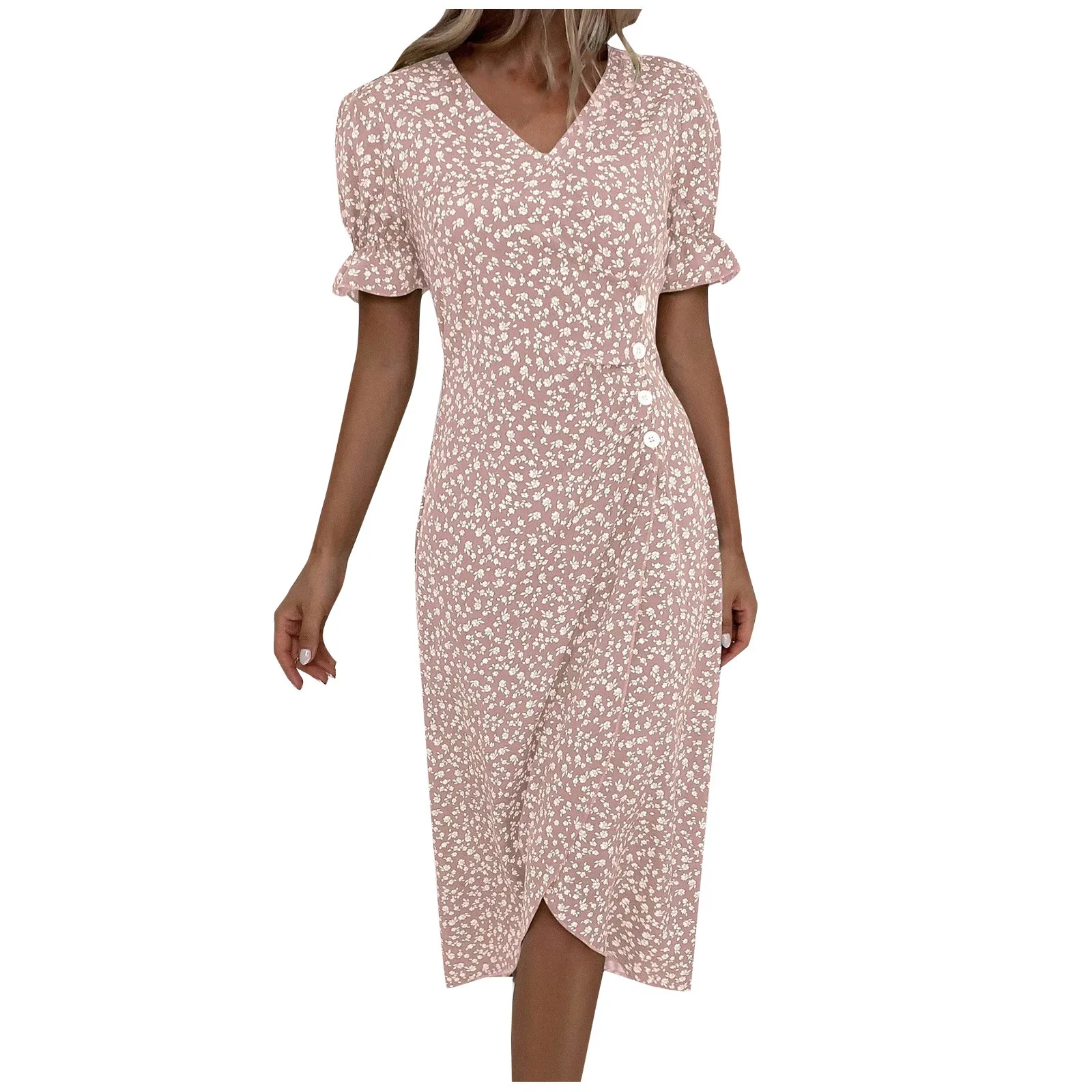 

Women'S Summer Casual Dress Fashion Puff Sleeve V Neck Printed Dress Daily Date Vacation Elegant All-Match Irregular Hem Dress