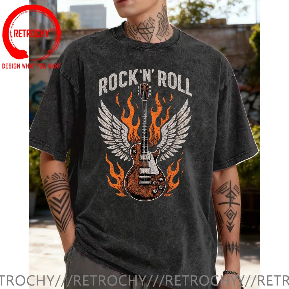Vintage Washed Cotton T Shirt Men Vintage Rock N Roll Guitar Printed Men's T-Shirt 100% Cotton Oversized Glitch Art Graphic Tees