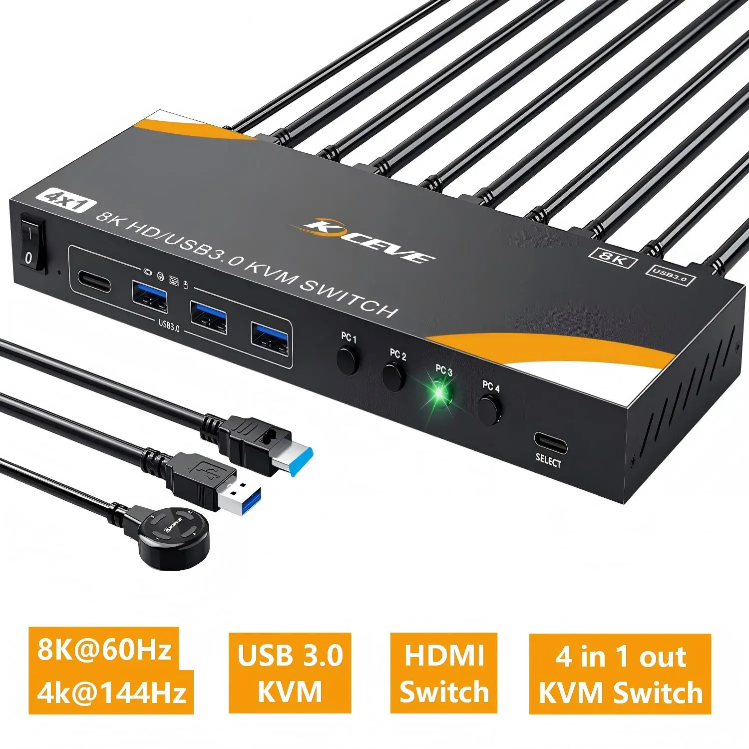 8K@60Hz KVM Switch 1 Monitor 4 Computers 4K@120Hz,4 In 1 Out HDMI KVM Switch 4 PC Share 4 USB 3.0 Ports Keyboard Mouse Printer