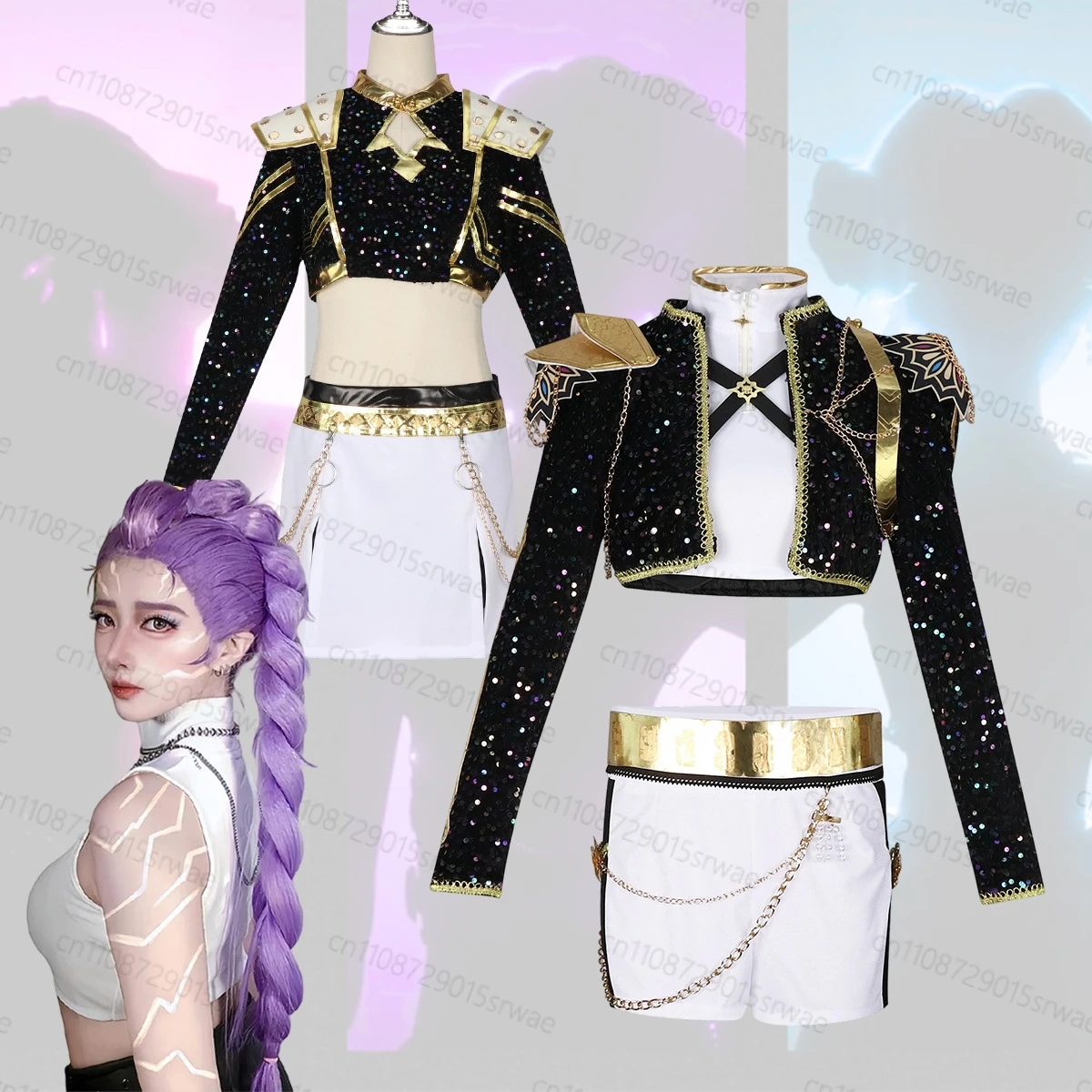 

Adults Kids Kpop Demon Hunters Zoey Rumi Cosplay Costume Gothic Uniform Stage Clothing Black Golden set Outfit For Woman Costume