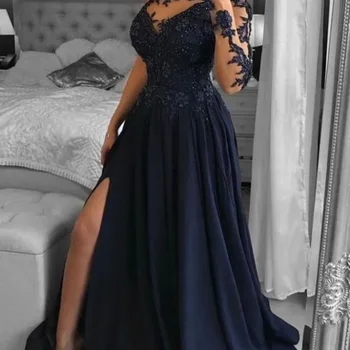 น้ําเงินลูกไม้ชีฟองชุดราตรีด้า...