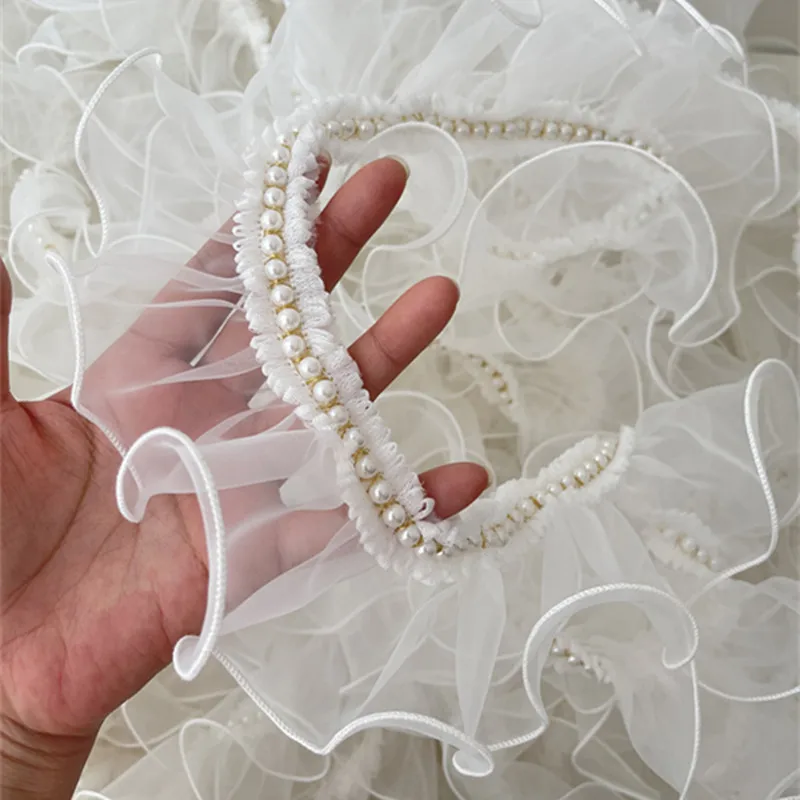 7CM Wide Tulle White Ruffle Organza Beaded Fringe Ribbon Lace Fabric Edge Trim Wedding Dress Apparel Curtains DIY Sewing Decor