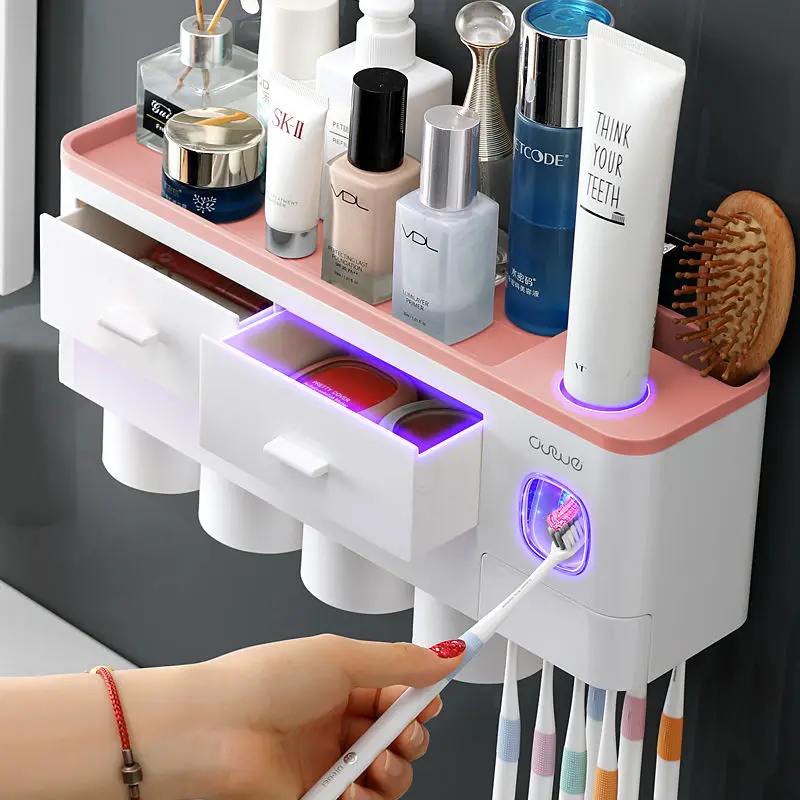 Bathroom Accessories organizer Set Toothbrush Holder Automatic Toothpaste Dispenser Holder Toothbrush Wall Mount Rack Tools Set