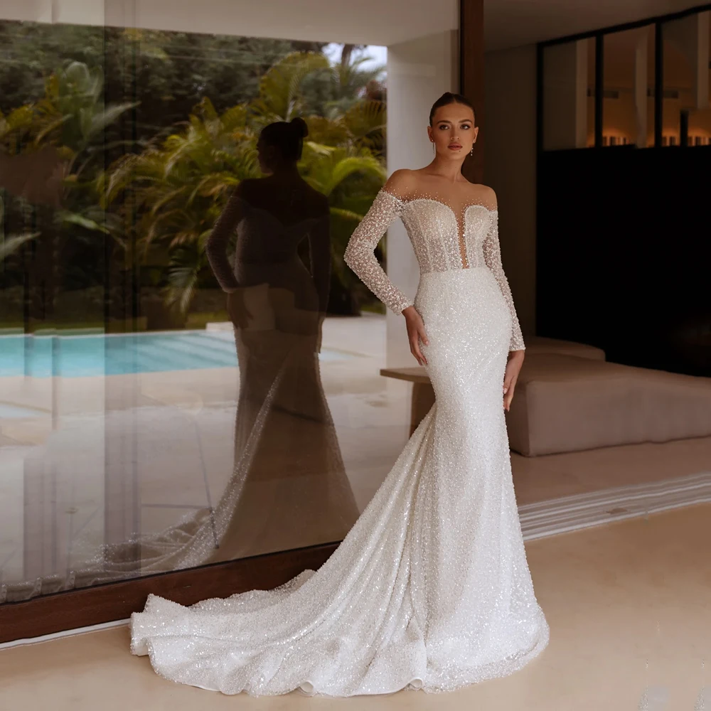 Glitter Wedding Dresses Full Sleeves Detachable Train Beaded Mermaid Glitter Bridal Gowns Shiny O-Neck Bride Dress Customized