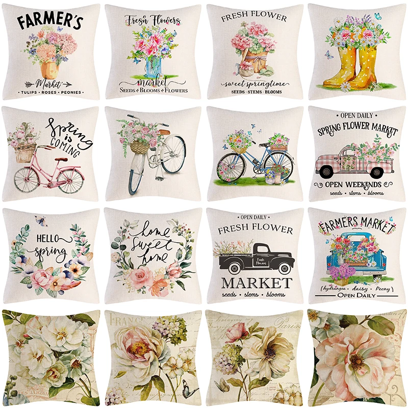 Spring Home Decor Cushion Cover 18x18 Inch Living Room Bedroom Decorative Linen Pillowcases Flowers Bike Printed Pillow Cover