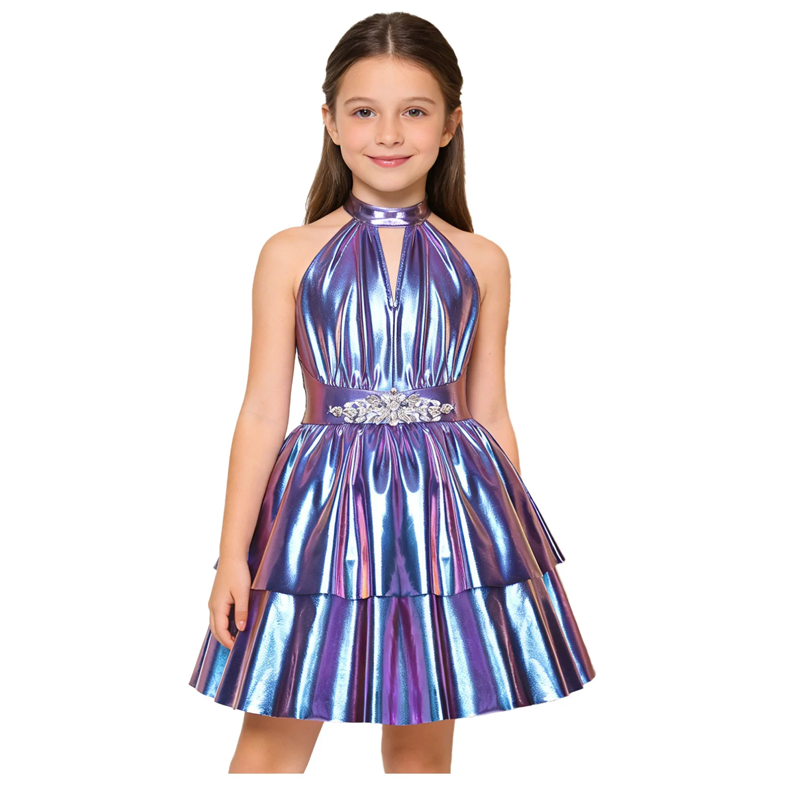 فستان حفلات لامع لامع للأطفال البنات مزين بحجر الراين بدون ظهر وحاشية متدرجة على شكل حرف a لأداء الرقص