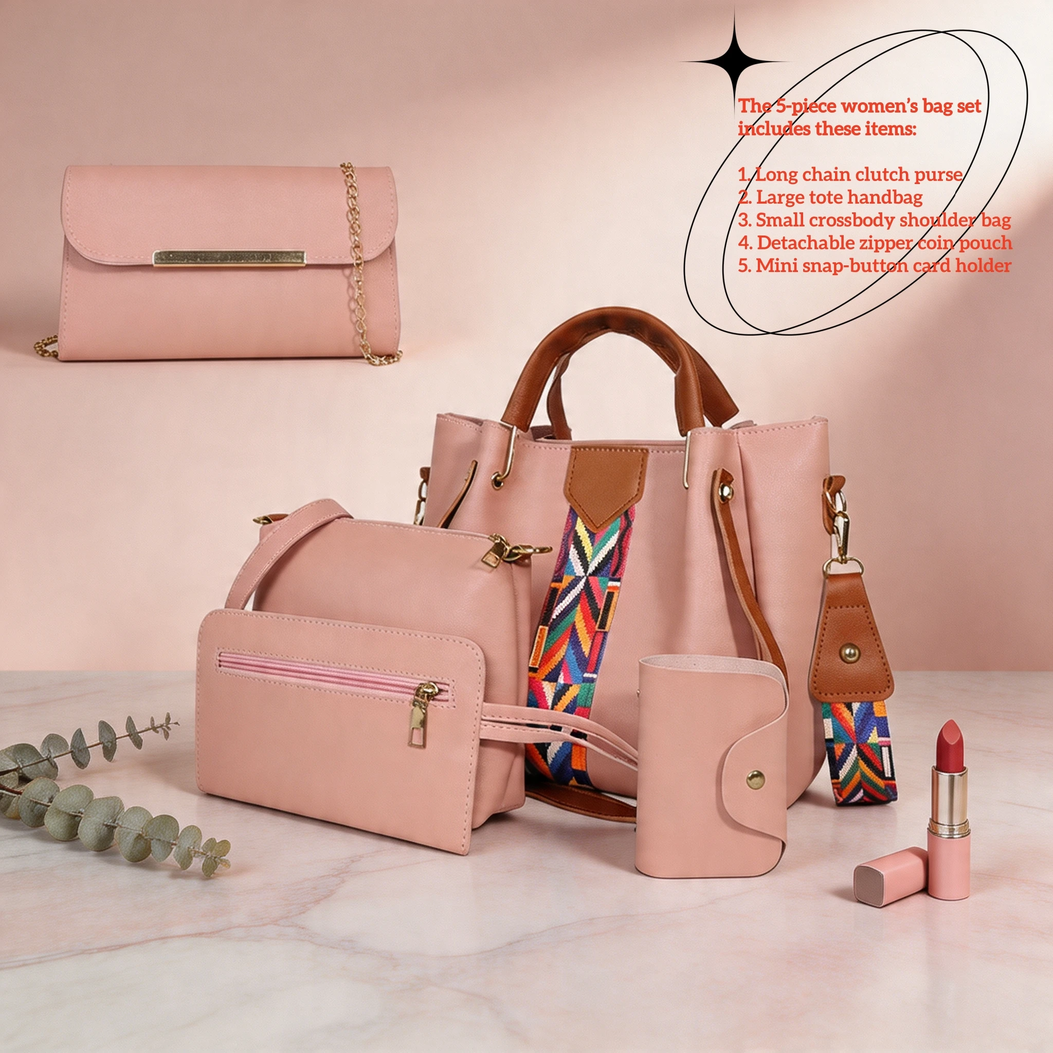 5Pcs/Set Women's Handbags Fashion PU Leather Tote Crossbody Bag Set Casual Pink Shoulder Bags with Purse & Coin Pouch