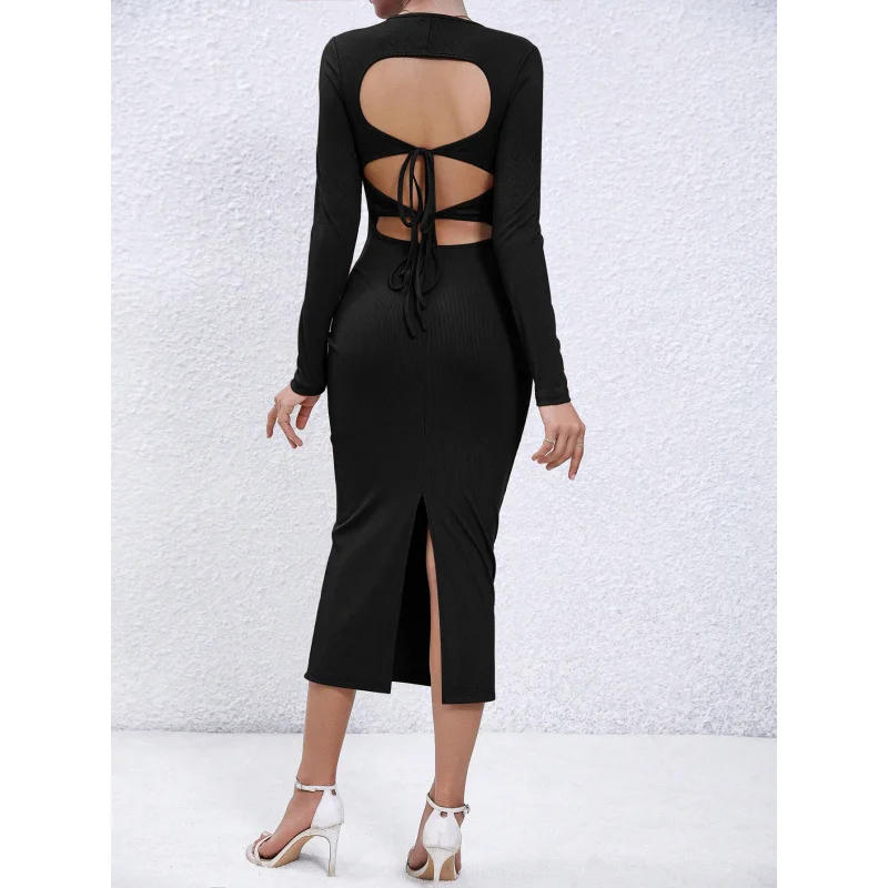 

YQ1-Women's Autumn Winter Sexy Bodycon Tight Long Dress Hollow Out Chest Slim Fit Elegant Dress