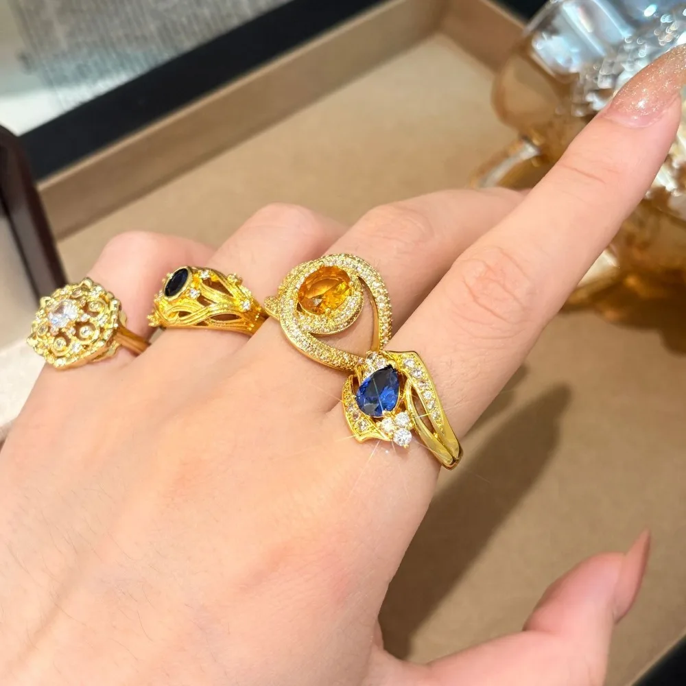 Fashionable Wedding Noble Series Gold Zircon Open Ring Retro Style Daily Versatile Jewelry Handmade Women G3112