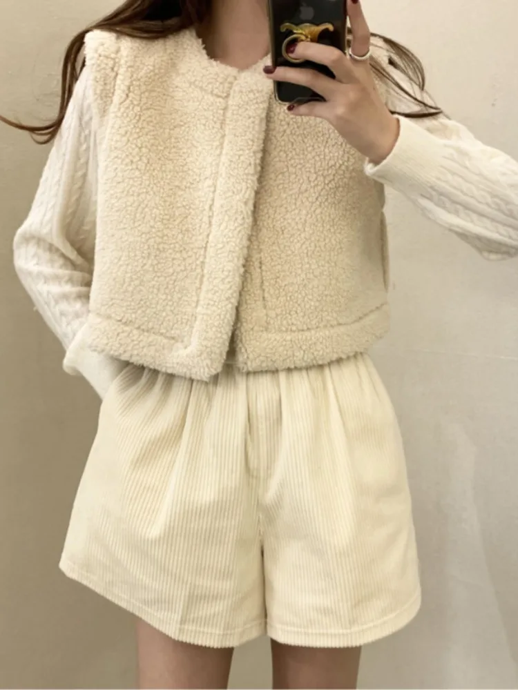

Chic Autumn Winter Vintage Versatile round Ne Two-Way Loose Casual Splicing Faux Lamb Fur Vest Jaet Women's Faion