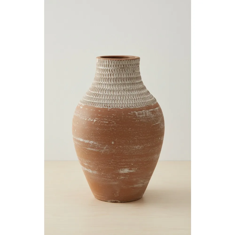 

Elegant Abstract Terra Cotta Tabletop Vase, White & Light Brown - Rustic Home Decor for Living Room Centerpiece