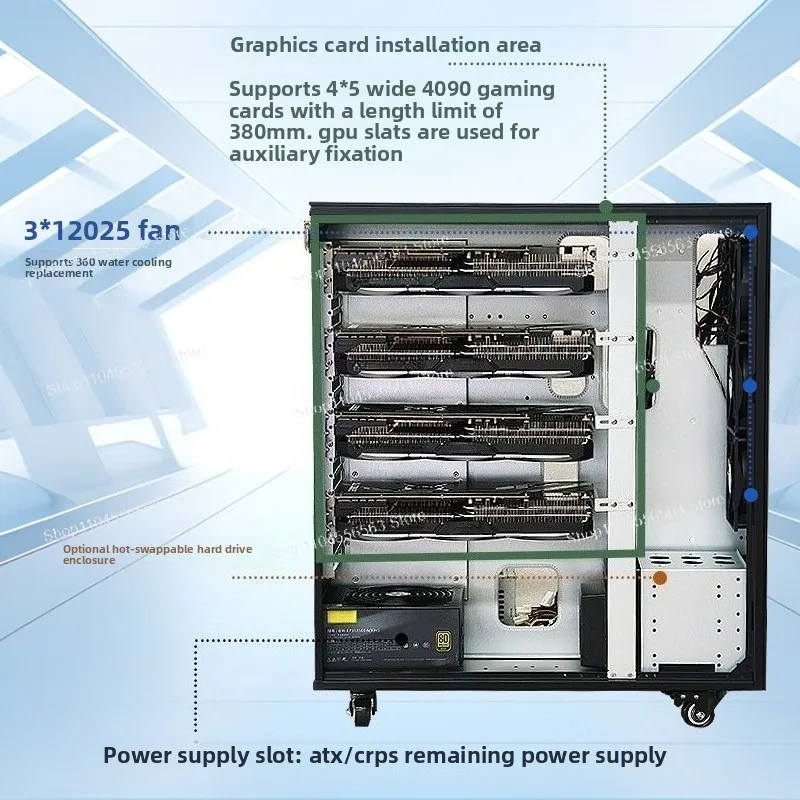 Tower Water-cooled Server Workstation Chassis, Support 4pcs 4090 GPU, AI Deep Learning Simulation Rendering Case