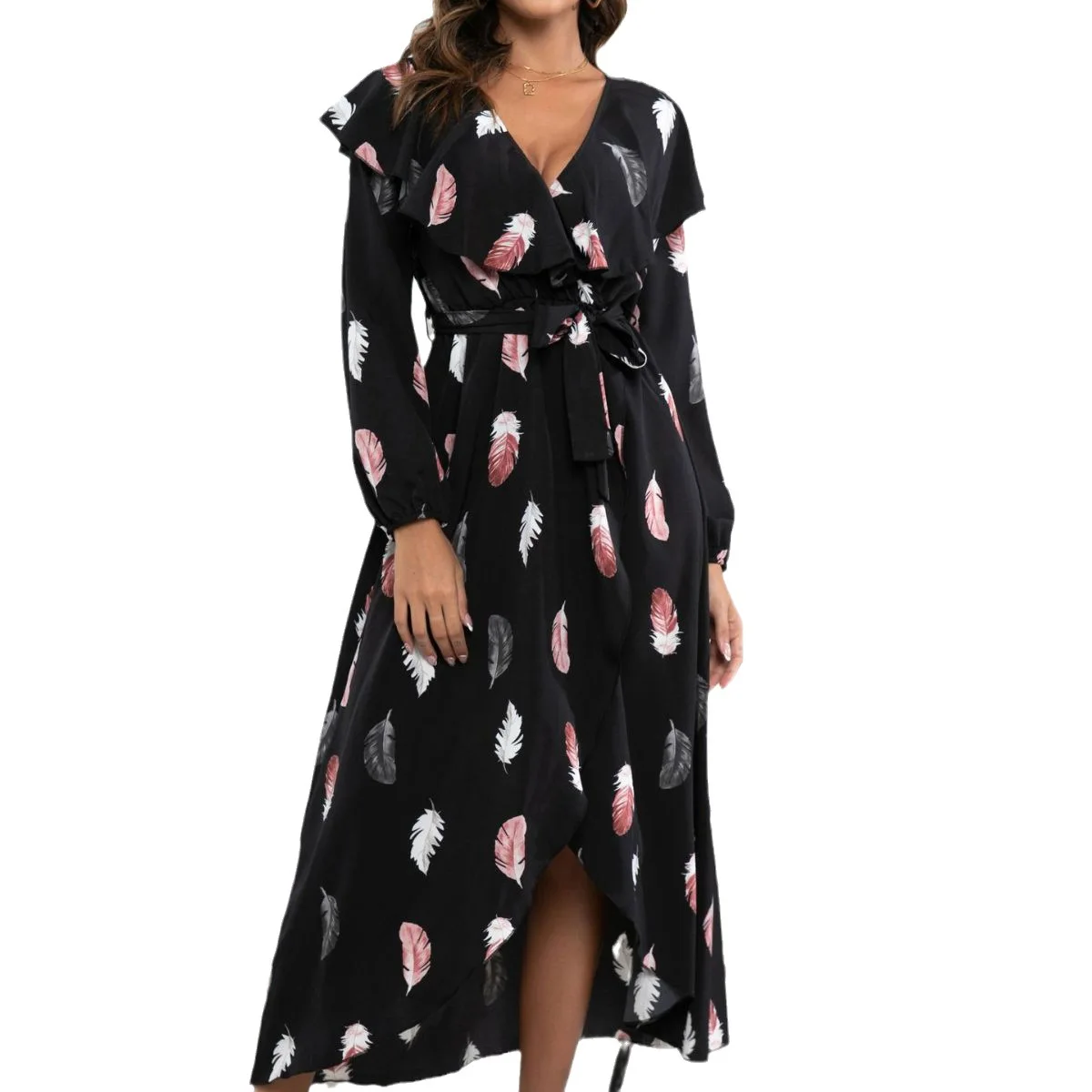 羽根プリントの蓮の葉襟ランタン袖ラップドレス、スリット入りビッグスイングドレス、ヨーロッパとアメリカの女性向けドレス