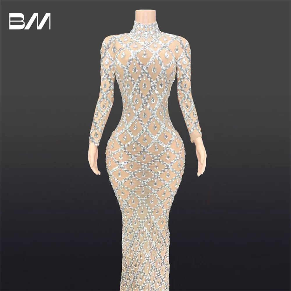 100% Real Images Women Prom Dress With Long Sleeves Crystals Party Gown Sexy Illusion High Neck Formal Occasion Dresses