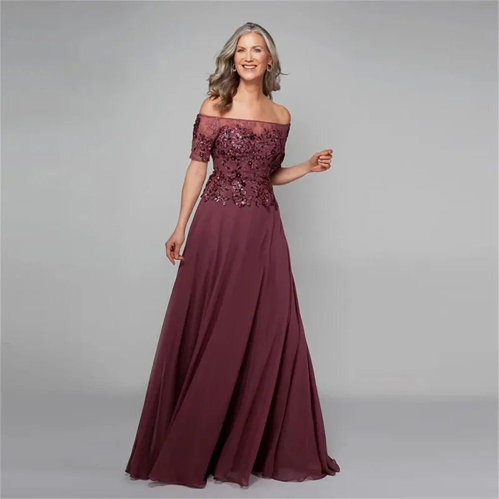 2024 New Boat Neck Short Sleeve Appliques Chiffon wedding party dress Elegant A-Line Burgundy Mother of the Bride Dresses