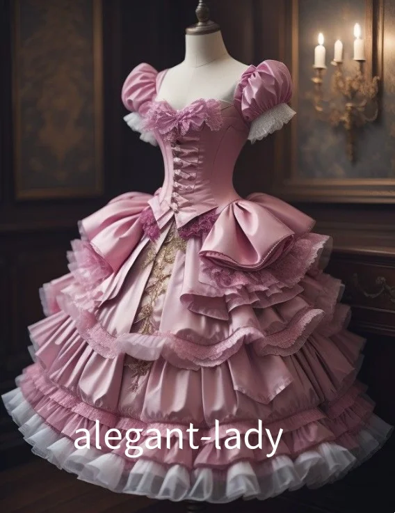 Custom Pink Vintage Ball Gown Victorian Bow Corset Full Skirted Hemline 18th Century Countess Evening Gown Renaissance