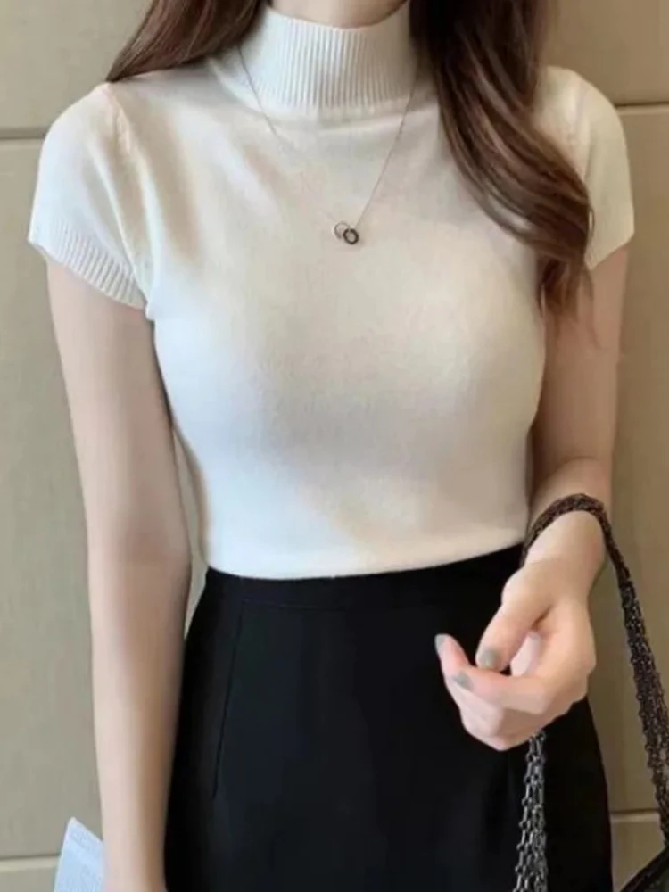 Spring Summer Women's Knit Half-High Neck T-Shirt Fashion Jumper Casual Tops Korean Style Elegant Solid-Coloured Female Clothing