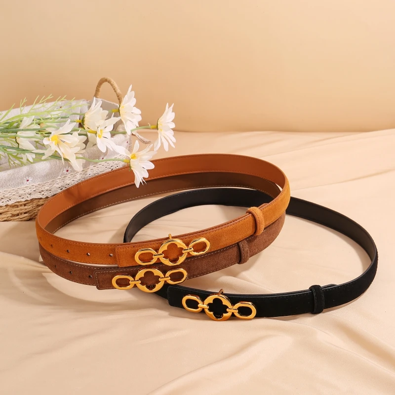 Suede Cowhide Belt for Women with Vintage Flower Ring Buckle Classic Design for Casual Jeans Pants and Everyday Wear