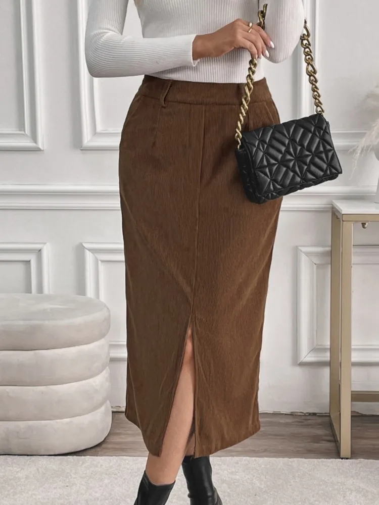 

Dresses 2025 Woman Elegant Retro High-waist Straight Solid Color Slit Skirt Temperament Commuting Simple Style All-match Trendy