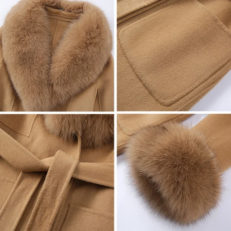 2024 New Wool Coats For Women Autumn Winter Trench Coats With Fox Collar Cuff Full Sleeve Belt Long Outerwear QN5442