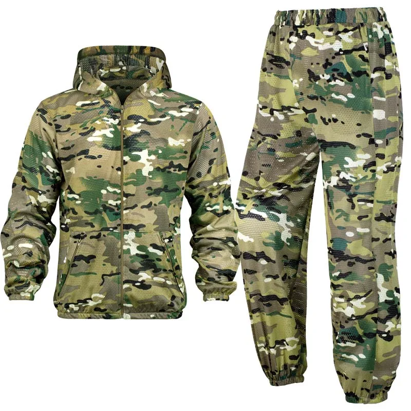 Summer Cool Mesh Camouflage Suit Hooded Zip Front Breathable Outdoor Training Hunting Apparel Lightweight Tactical Uniform