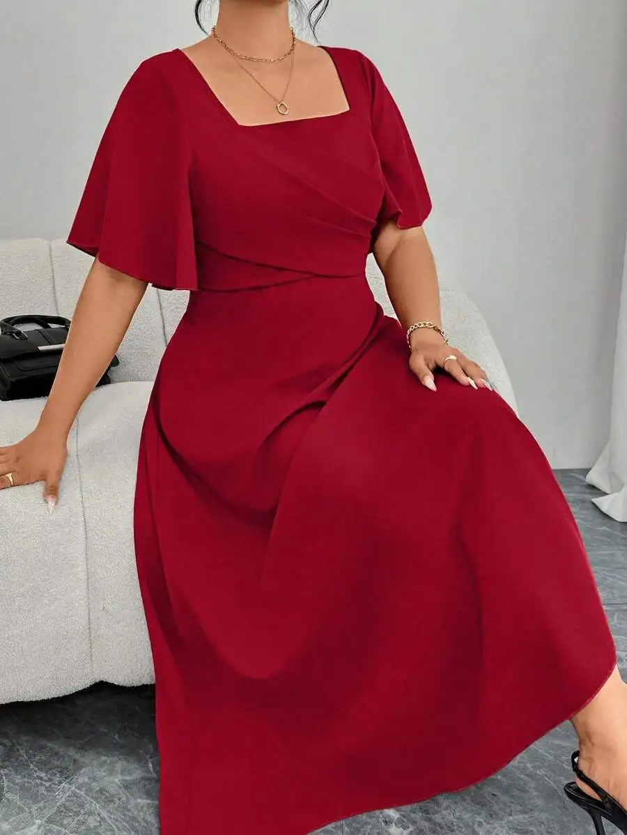 

Plus Size Red Square Neck Short Sleeve A-Line Wrap Waist Dress