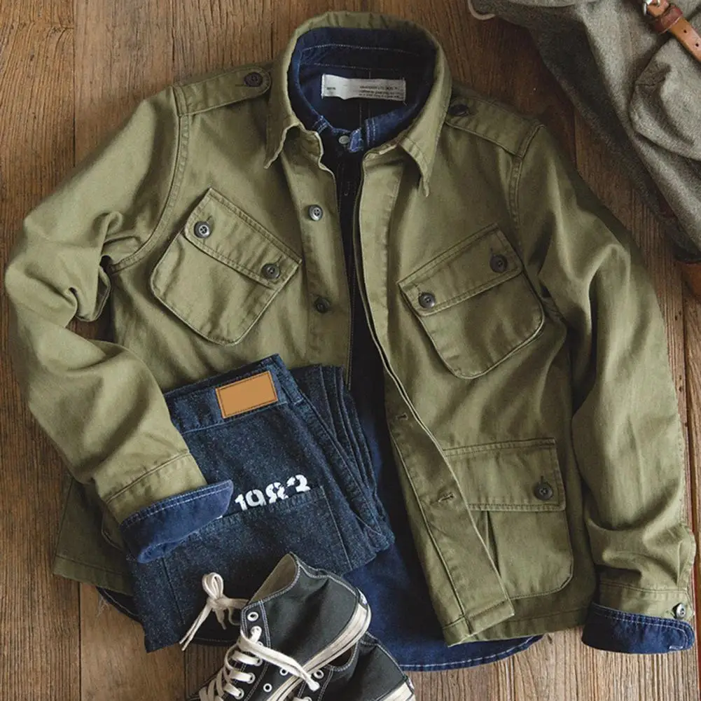Men Cargo Coat Lapel Long Sleeve Solid Color Work Style Jacket With Multiple Pocket Buttons Closure Cotton Washed Autumn Outwear