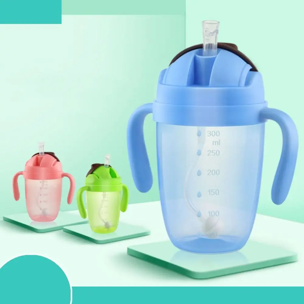 300ML Children Learning Cup Flip Lid with Double Handle Baby Drinking Cup Leakproof with Straw and Gravity Ball