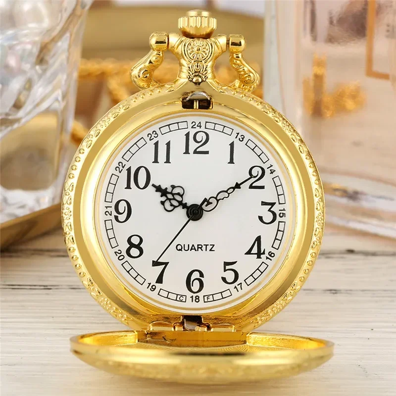 Retro Silver/Gold Carved Shield Design Clock Men Women Quartz Analog Pocket Watch Arabic Number Dial Necklace Chain Timepiece