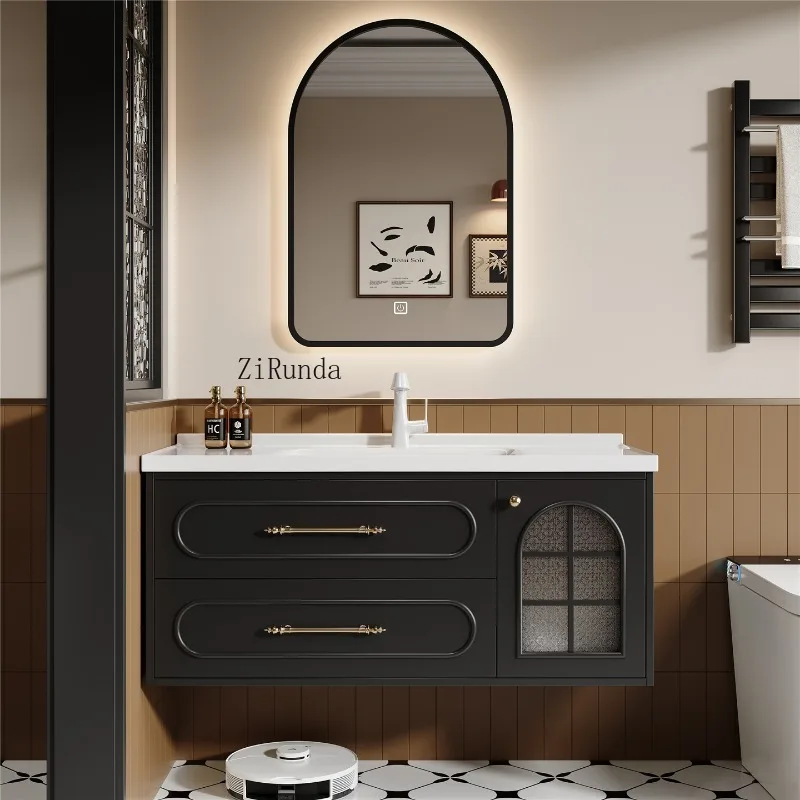 Armário de banheiro multicamadas estilo francês, combinação de armário de banheiro com bacia integrada de cerâmica