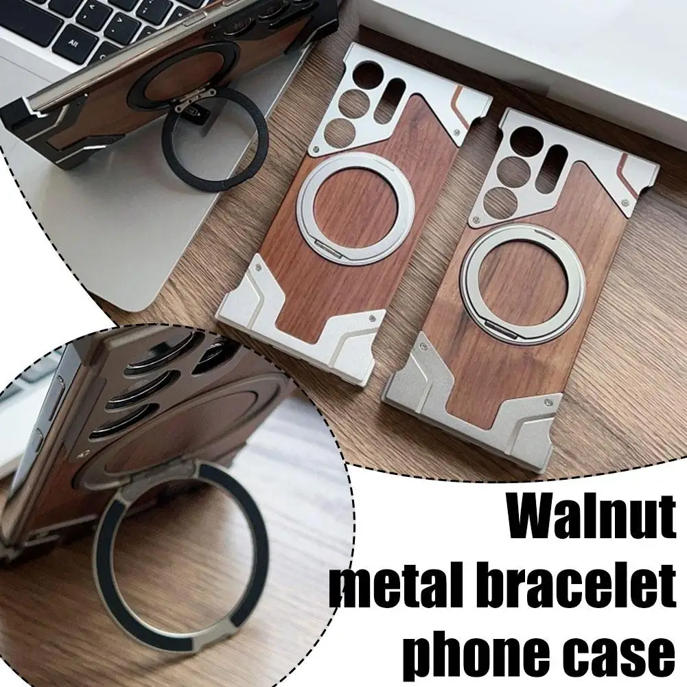 

Luxury Magnetic Metal Bracket Phone Case For Samsung Galaxy S24 Ultra S23 Ultra S22 Ultra Walnut Wood Frameless Stand E4Z8