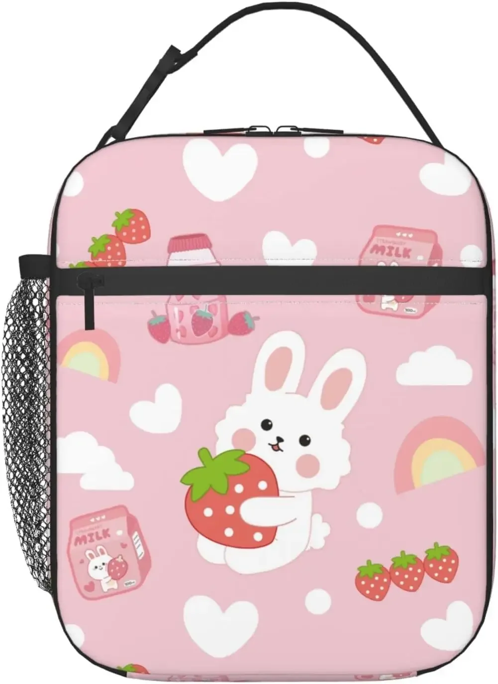 Strawberry Rabbit Pink Lunch Box Insulated Lunch Bag for Girls Women Reusable Portable Leakproof Cooler Tote for School Picnic