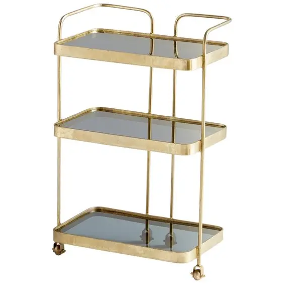 Factory Price Hotel Food Serving Cart Golden Finished Metal Frame 3 Tier Glass Slaves Food Serving Trolley